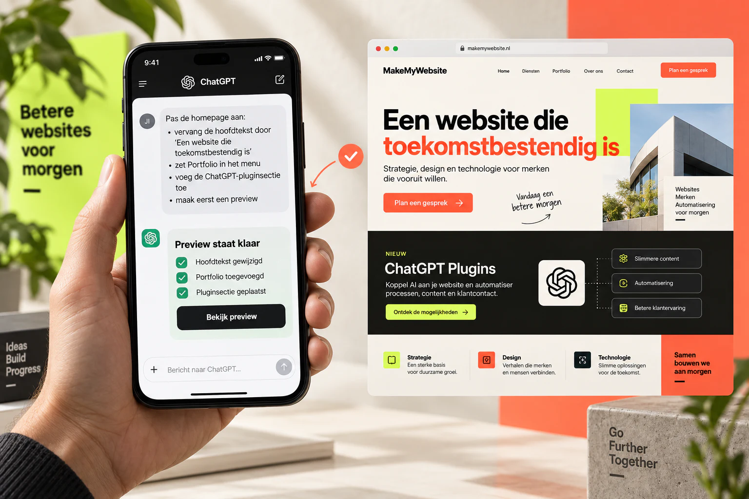 Conceptbeeld van websitebeheer en een preview bij MakeMyWebsite