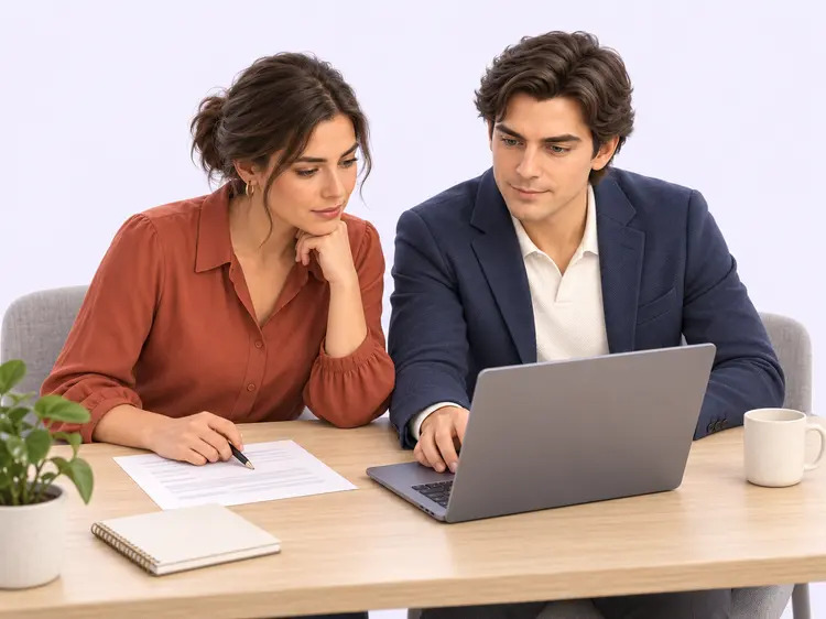 Een ondernemer en AI-consultant bekijken samen bedrijfssoftware op een laptop